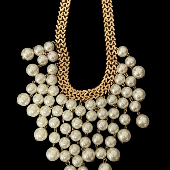 Gold Tone 2 Broke Girls Style Chevron Faux Pearl Choker Necklace - Picture 9 of 14